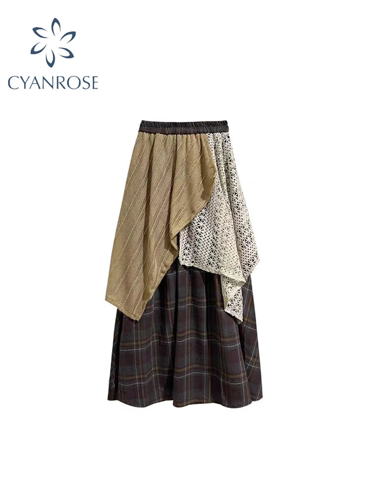 Women's Brown Patchwork A-line Plaid Skirt Y2k Long Skirts 90s Aesthetic Harajuku Korean Emo Skirt 2000s Vintage Fashion Clothes