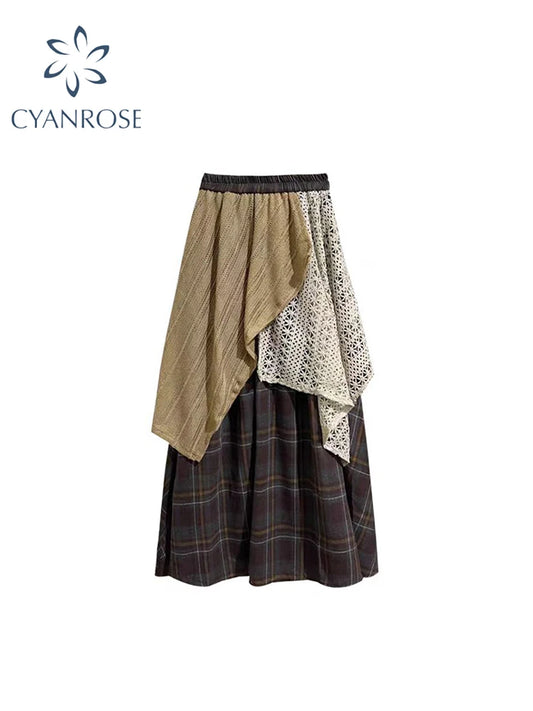 Women's Brown Patchwork A-line Plaid Skirt Y2k Long Skirts 90s Aesthetic Harajuku Korean Emo Skirt 2000s Vintage Fashion Clothes