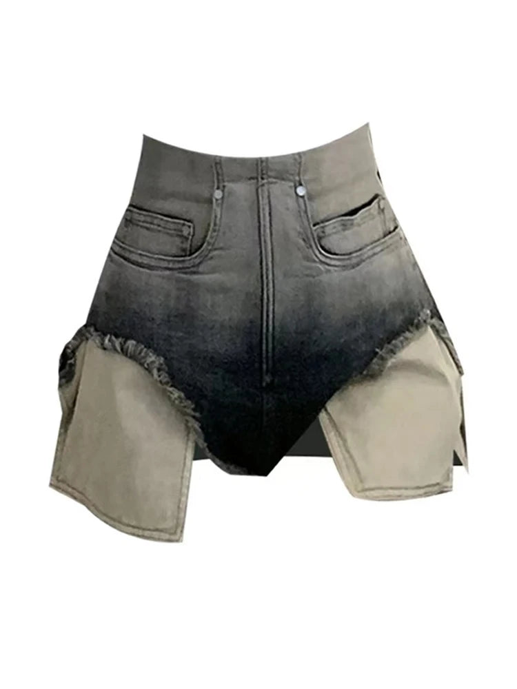 Women's Denim Shorts Grey High Waist Wide Shorts Harajuku Korean Style Y2k Casual Gradient A-line Jeans Short Pants Summer 2023
