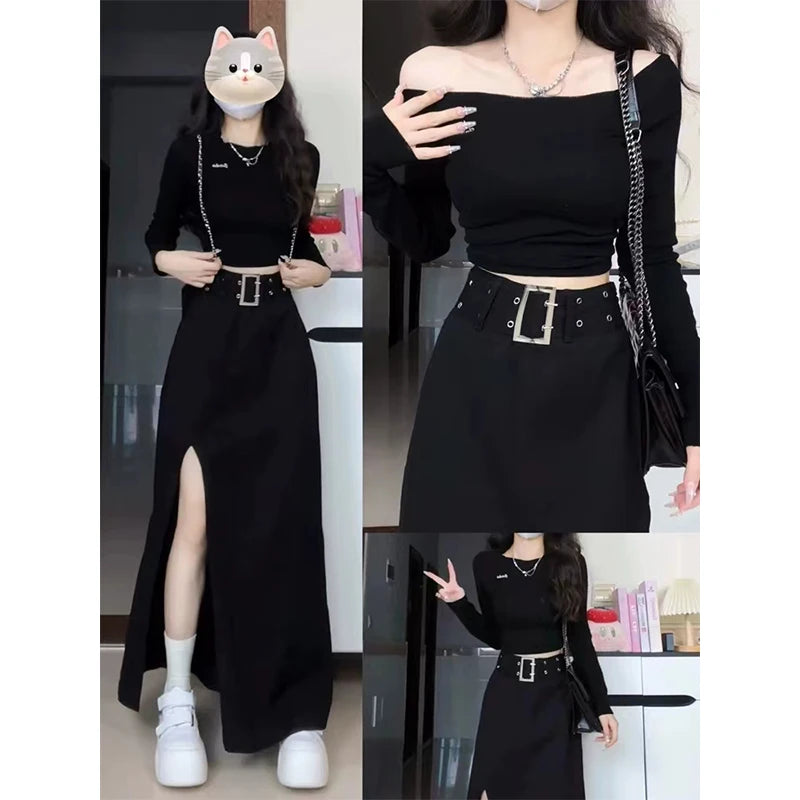 Women Black Gothic Skirt Vintage High Waist A-Line Skirt Emo 2000s Fashion Harajuku Streetwear Y2k Long Skirt 90s Girls Clothes