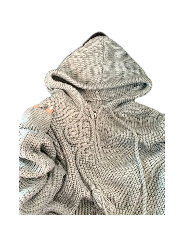 Women's Grey Hoodies Pullover Knitted Sweater Vintage Harajuku Casual Y2k 90s Aesthetic Long Sleeve Knit Sweaters 2000s Clothes