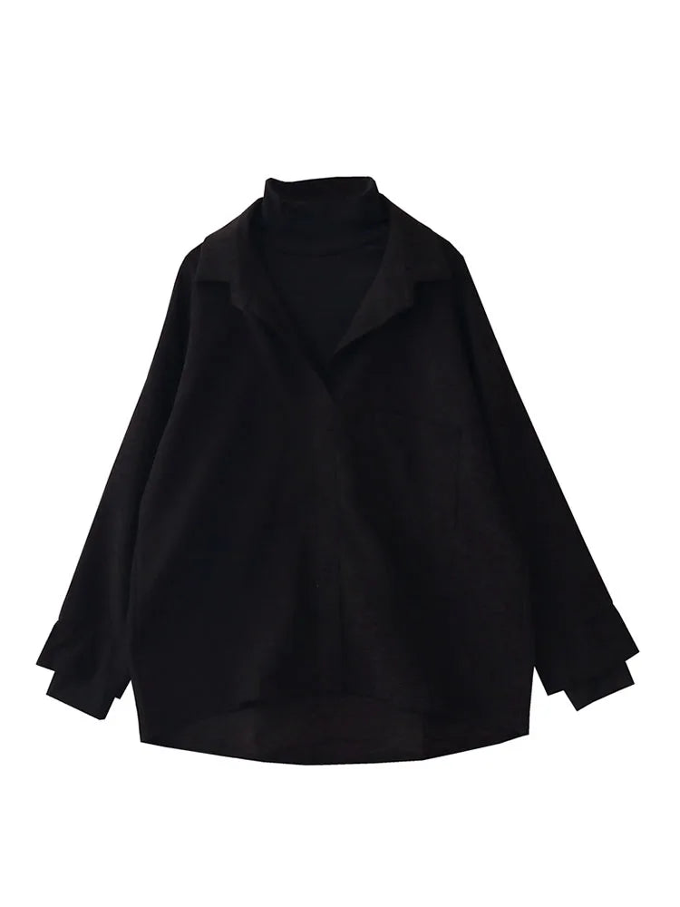 Fake Two Piece Shirt Women Patchwork Turtleneck Turn-down Collar Autumn Winter Casual Lady Long Sleeves Female Loose Blouse Tops