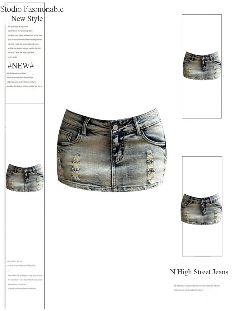 Women's Ripped A-Line Denim Skirts Y2k Harajuku Korean Cowboy Skirts Vintage 90s High Waist Jean Mini Skirt 2000s Trashy Clothes