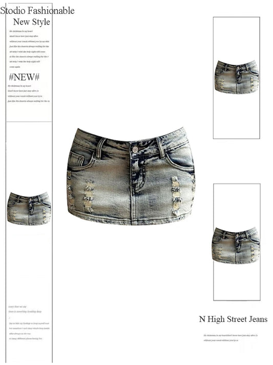 Women's Ripped A-Line Denim Skirts Y2k Harajuku Korean Cowboy Skirts Vintage 90s High Waist Jean Mini Skirt 2000s Trashy Clothes
