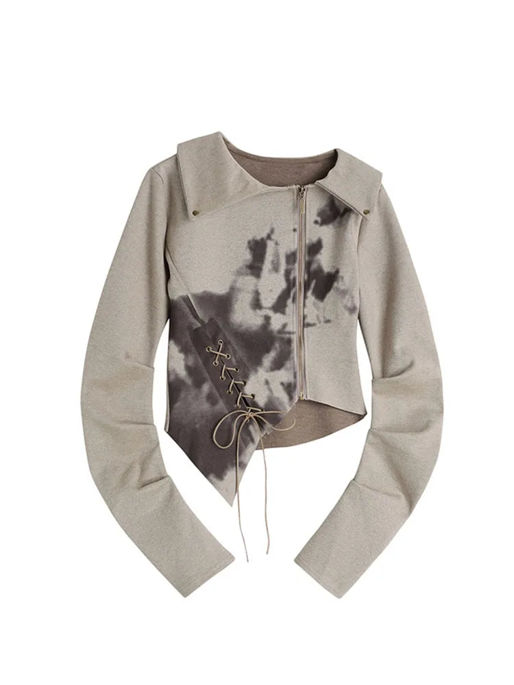 2022 Women Vintage Print Short Jacket Trendy Irregular Turn-down Collar Loose Casual Zippers Coats Harajuku Long Sleeve Outwear