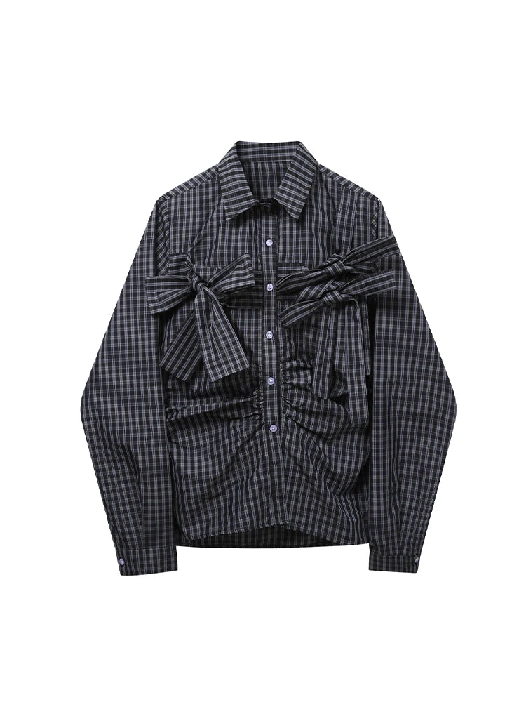 Y2K Plaid Blouse - Harajuku Vintage Bow Long Sleeve Summer 2025