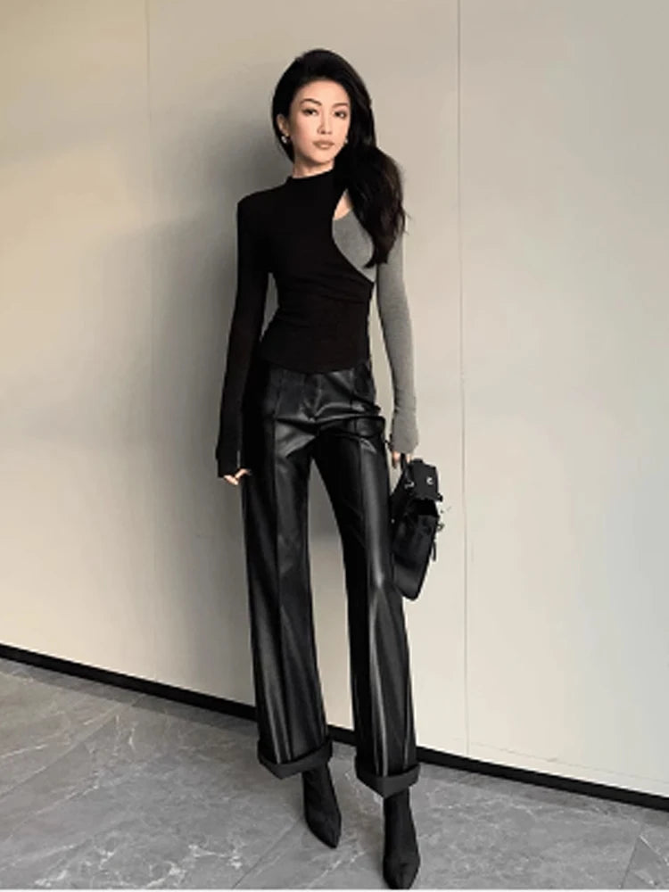 Women Black Grey Patchwork T-shirt Harajuku Korean Y2k Vintage 90s Tee Tops Long Sleeve Slim T-shirts 2000s Emo Coquette Clothes