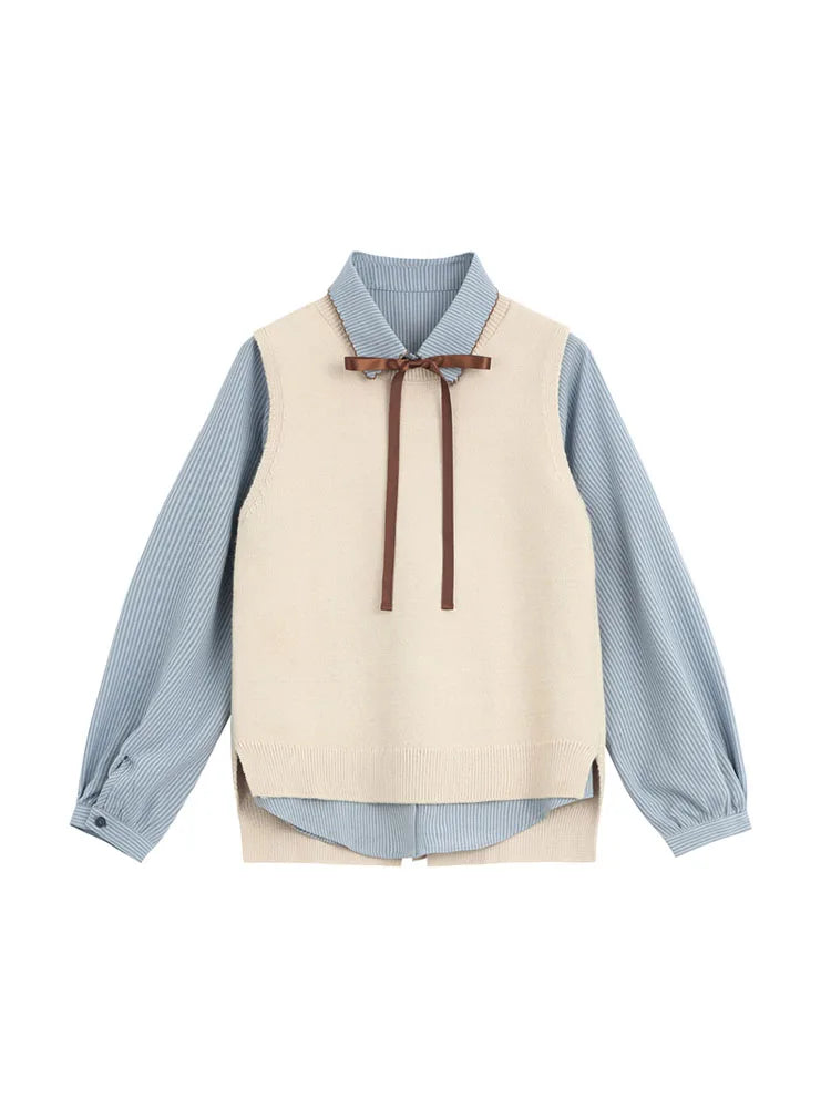 Preppy Bow Blouse & Vest Set Autumn Two-Piece