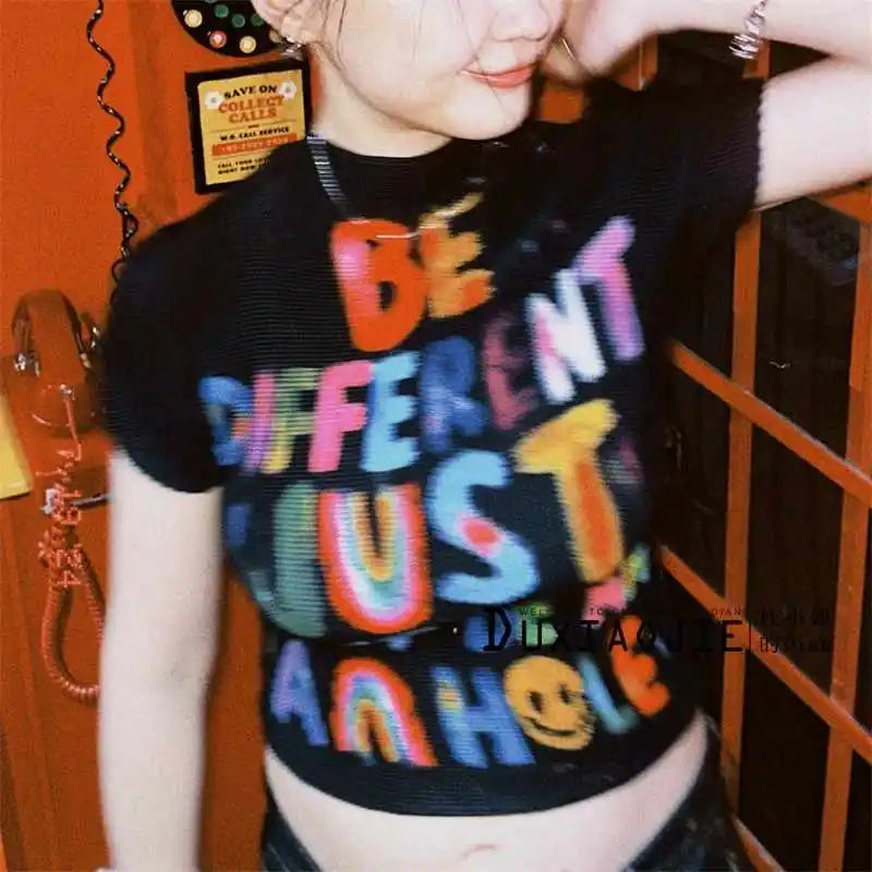 Women's T-shirt Harajuku Korean Y2k Graphic Print Short Sleeve Tee Top Clothes Fashion Vintage Streetwear Elastic T-shirt 2025