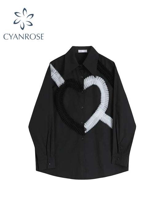 Gothic Y2K Blouse Black Polo Neck Oversize 90s Vintage