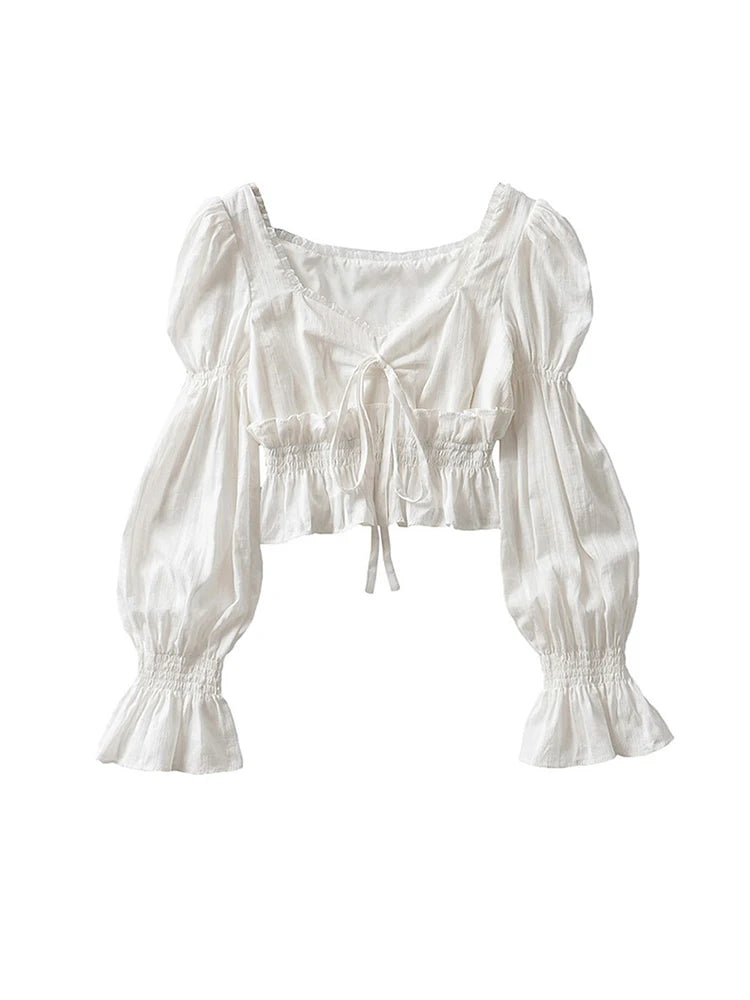 French Pleated Lantern Long Sleeve Shirt For Women's 2022 Spring And Autumn New Vintage White Square Collar Blouse Tops Female