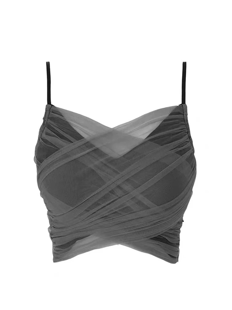 Women's Camisole Grey Gauze Patchwork Crop Top Vintage Y2k Summer Fashion Streetwear T-shirts Sexy Sleeveless Off Shoulder Vest