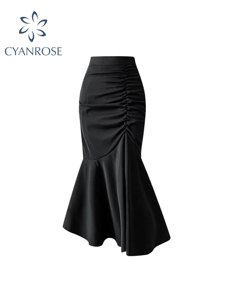 Black Women Ruched Vintage Skirt Elegant French Casual High Waist Streetwear Office Ladies Trumpet Female Party Court Skirt Y2k