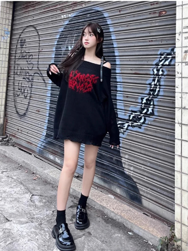Women's Black Gothic Pullover Knitted Sweater Harajuku Korean Y2k Long Sleeves Jumper Sweaters Vintage 2000s Clothes 2024 Autumn