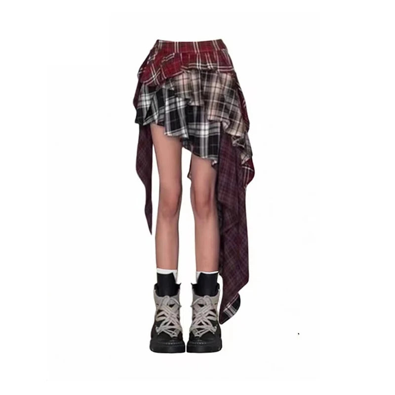 Women Patchwork A-line Plaid Skirt Vintage Y2k Asymmetrical Skirt Aesthetic Harajuku Korean Elegant Skirts 2000s Clothes Summer