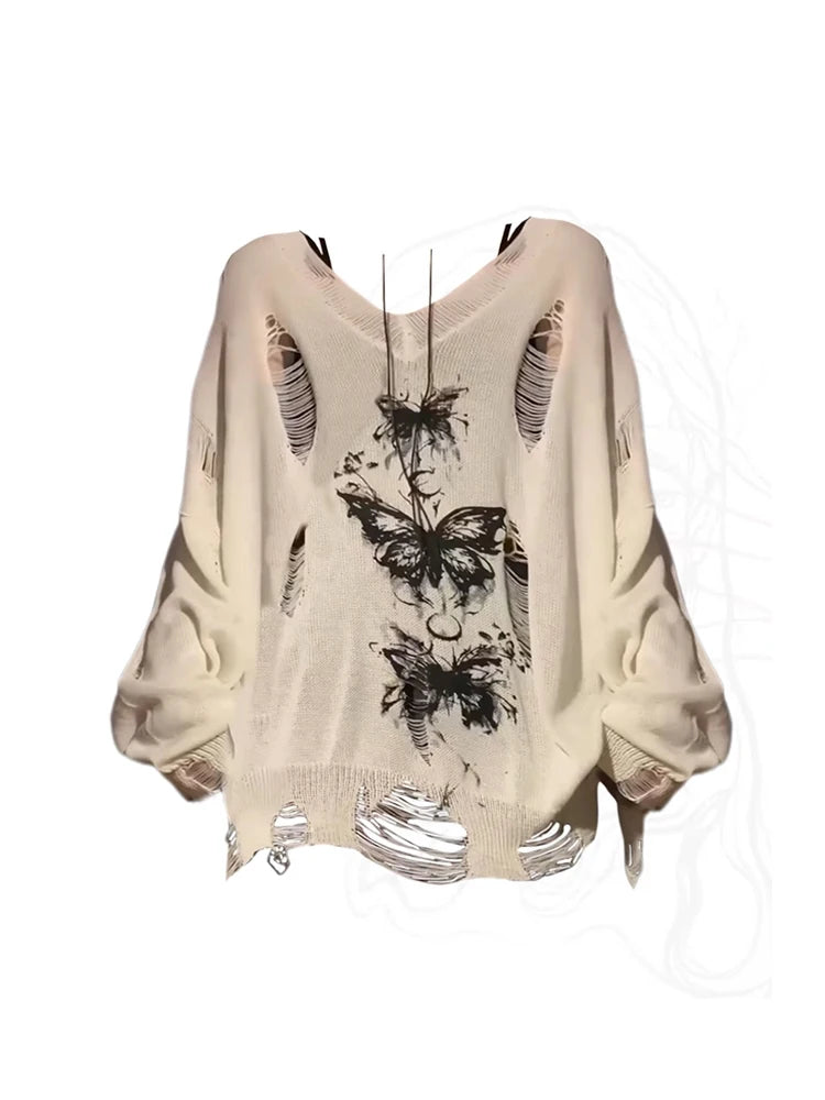 Women's Torn T-shirt Harajuku Korean Y2k Ripped Tee Top Vintage 90s Aesthetic Long Sleeve V-Neck T-shirt 2000s Fashion Clothes