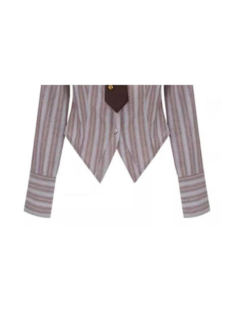 Y2K Striped Polo Blouse - Korean Vintage Long Sleeve Autumn
