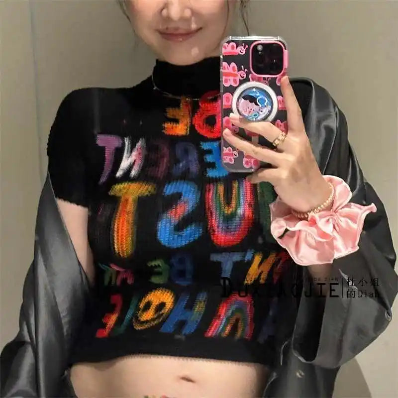 Women's T-shirt Harajuku Korean Y2k Graphic Print Short Sleeve Tee Top Clothes Fashion Vintage Streetwear Elastic T-shirt 2025