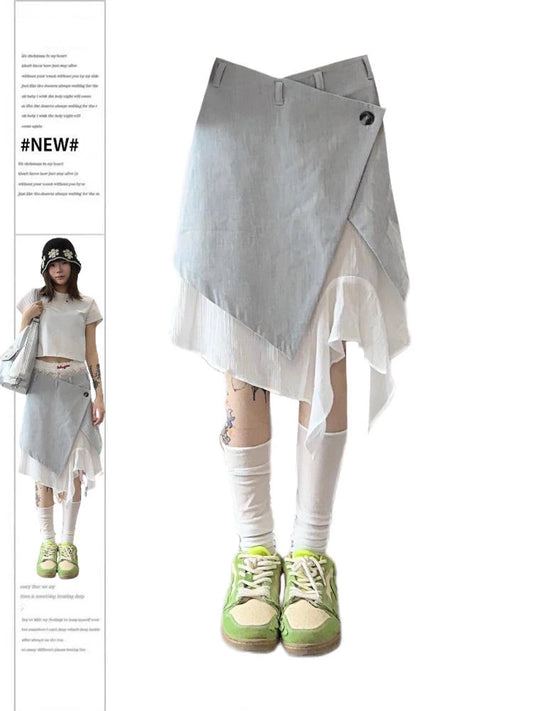Women's Grey A-line Skirt Vintage Aesthetic Y2k Patchwork Skirt Harajuku Korean Asymmetrical Skirts 2000s Fashion Clothes Summer