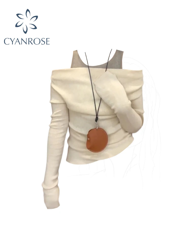 Women's Apricot T-shirt Harajuku Korean Y2k Tees Top Vintage 90s Aesthetic Long Sleeve Slash Neck T-shirts 2000s Clothes Autumn