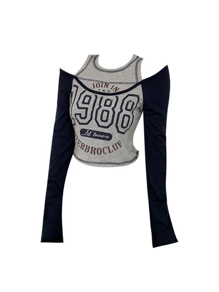 American College Style Women Y2k Off Shoulder O-neck Long Sleeve Tops Women Letter Print Contrast Color Tees Women 2022 Autumn