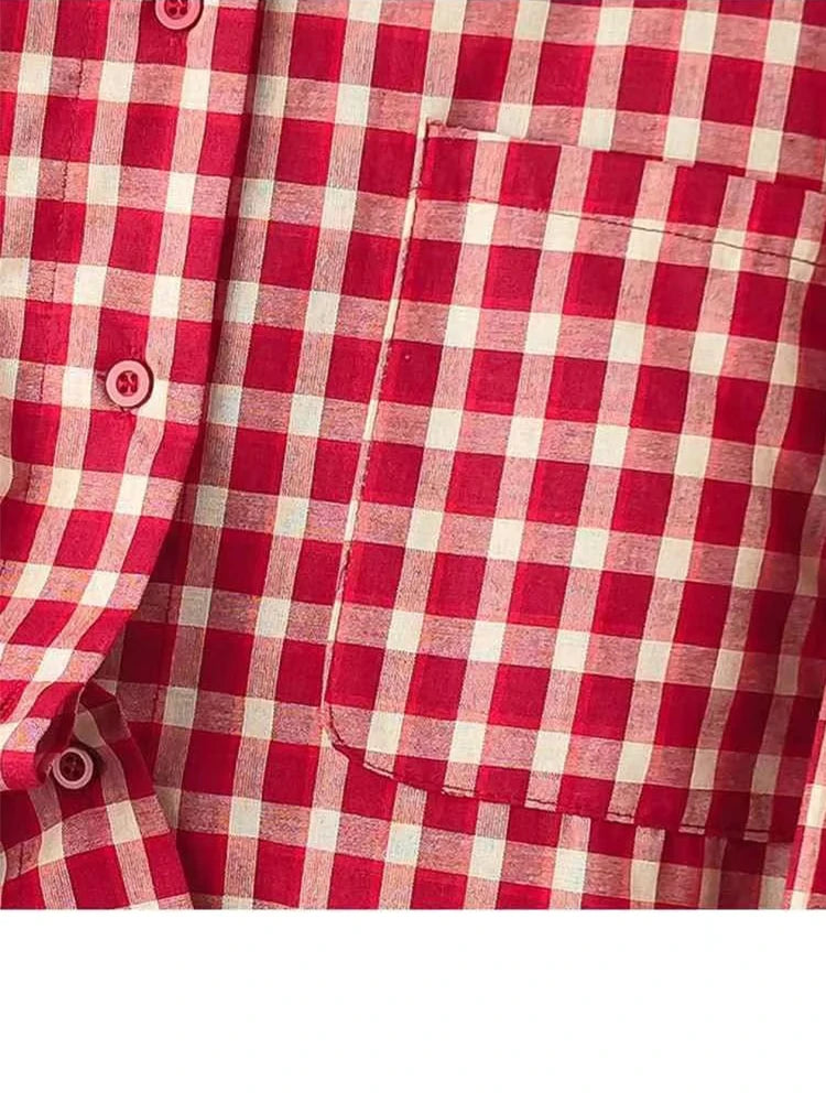2025 Y2k Autumn Women New Vintage Red Plaid Turn-down Collar Over-shirt Long Sleeve Streetwear Loose Patchwork Harajuku Blouses