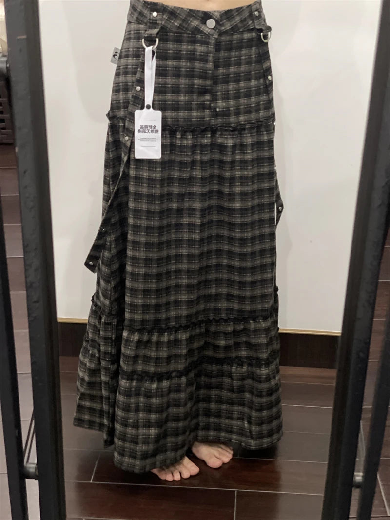 Women's Plaid A-line Skirt Vintage 90s Aesthetic Y2k Long Skirts Harajuku Korean Skirts 2000s Female Fashion Clothes Summer 2024