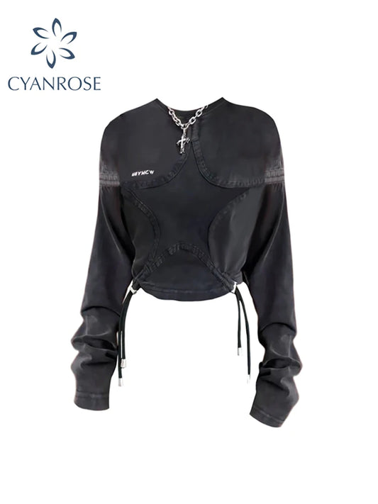 Women Black Gothic T-Shirt Harajuku Long Sleeve T Shirt Korean Y2k Vintage 2000s Aesthetic Fashion Oversize Tee Top 2023 Autumn