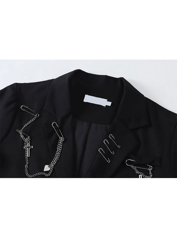 Gothic Punk Cardigan Black Blazer Jacket Coat Women 2022 Summer Short Sleeve High Street Fashion Outerwear Loose Chain Goth Tops