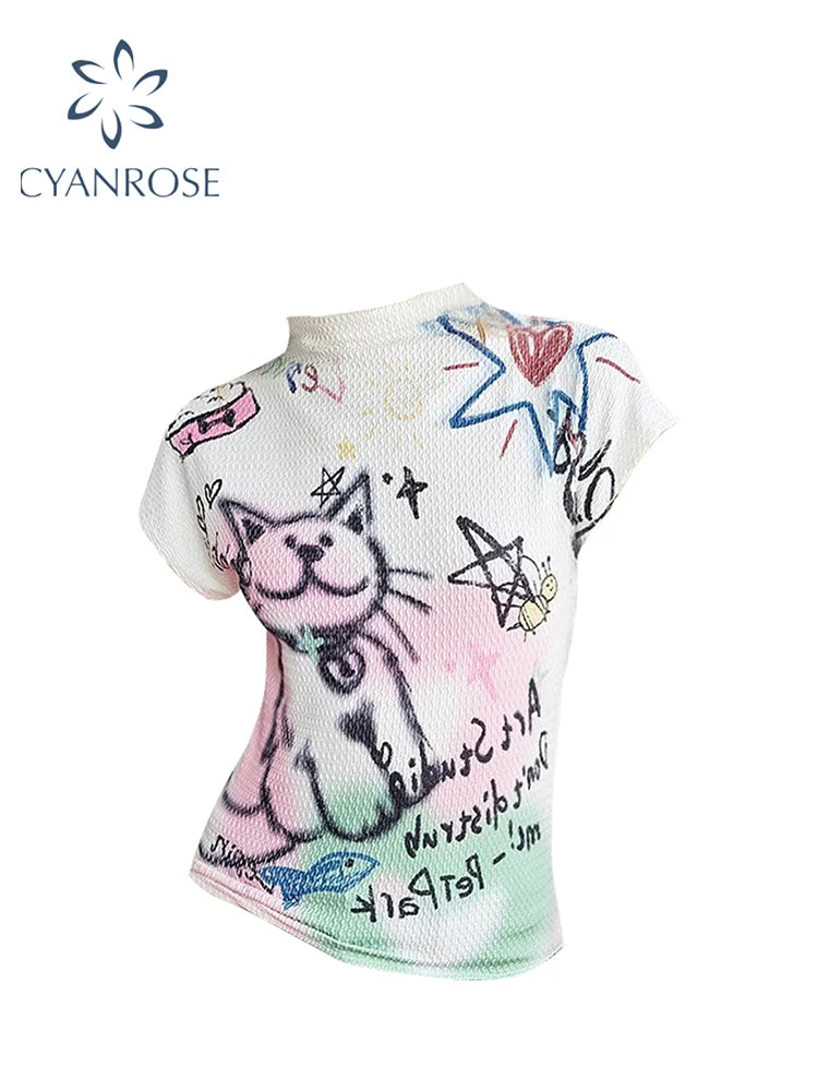 Women White Graphic Print T-shirt Harajuku Korean Y2k Short Sleeve Tee Top Vintage Aesthetic O-Neck T-shirt 2000s Clothes Summer