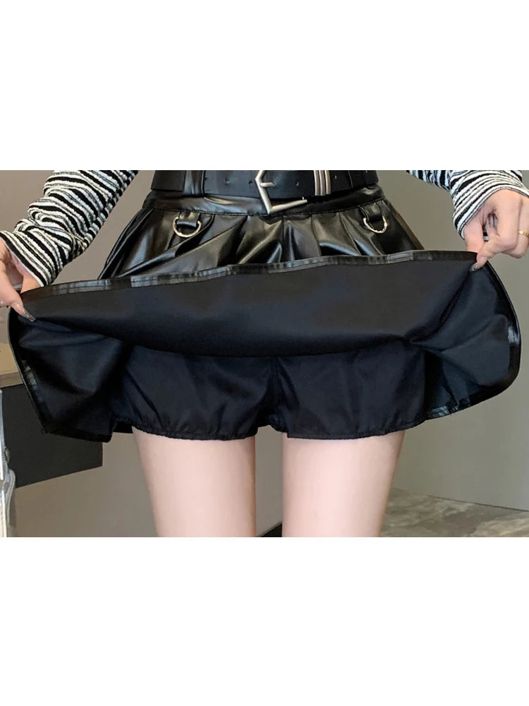 Women Black A-line Leather Skirt Vintage Aesthetic Y2k Pleated Skirt Harajuku Korean Gothic Mini Skirt Emo 2000s Clothes Summer