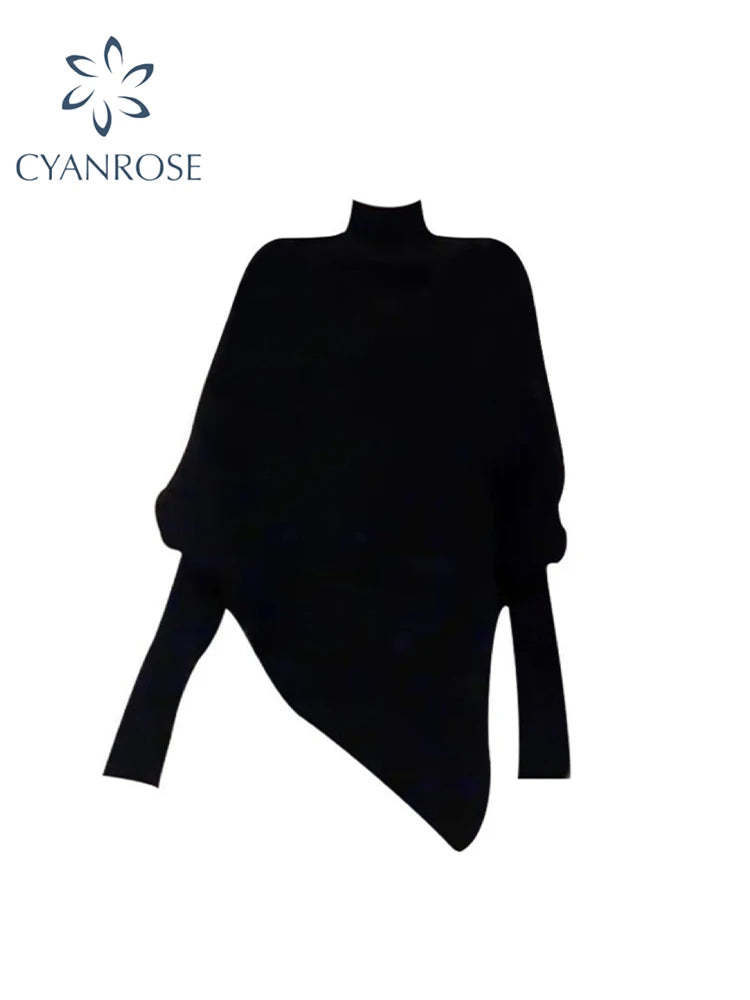 Women Black Gothic Pullover Sweater Harajuku Aesthetic Y2k Long Sleeves Turtleneck Knitted Sweaters Vintage 2000s Clothes Autumn