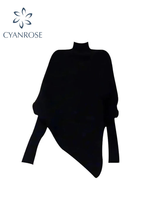 Women Black Gothic Pullover Sweater Harajuku Aesthetic Y2k Long Sleeves Turtleneck Knitted Sweaters Vintage 2000s Clothes Autumn