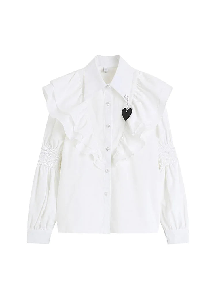 Women's 2025 Autumn Vintage Blouse - Tiered Ruffles & Heart Bubble Sleeve with Auricular Edge White Romantic Top