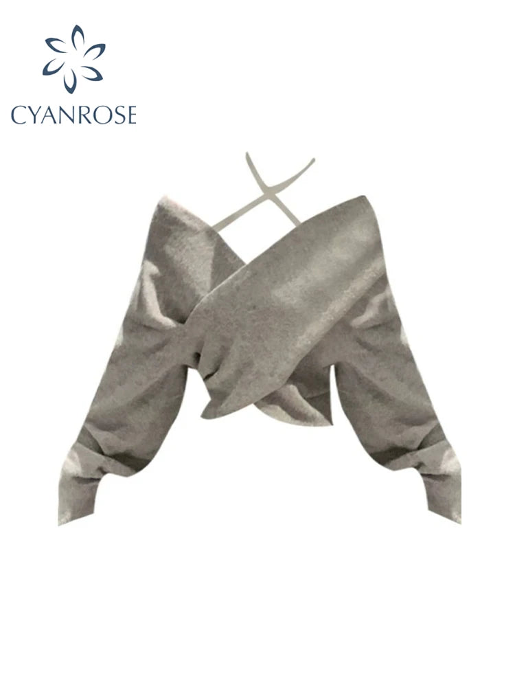 Women's Grey Pullover Knitted Sweater Harajuku Y2k Long Sleeve V-Neck Sweater Jumper Vintage 2000s Aesthetic Clothes Autumn 2024