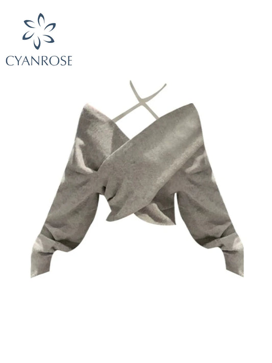 Women's Grey Pullover Knitted Sweater Harajuku Y2k Long Sleeve V-Neck Sweater Jumper Vintage 2000s Aesthetic Clothes Autumn 2024