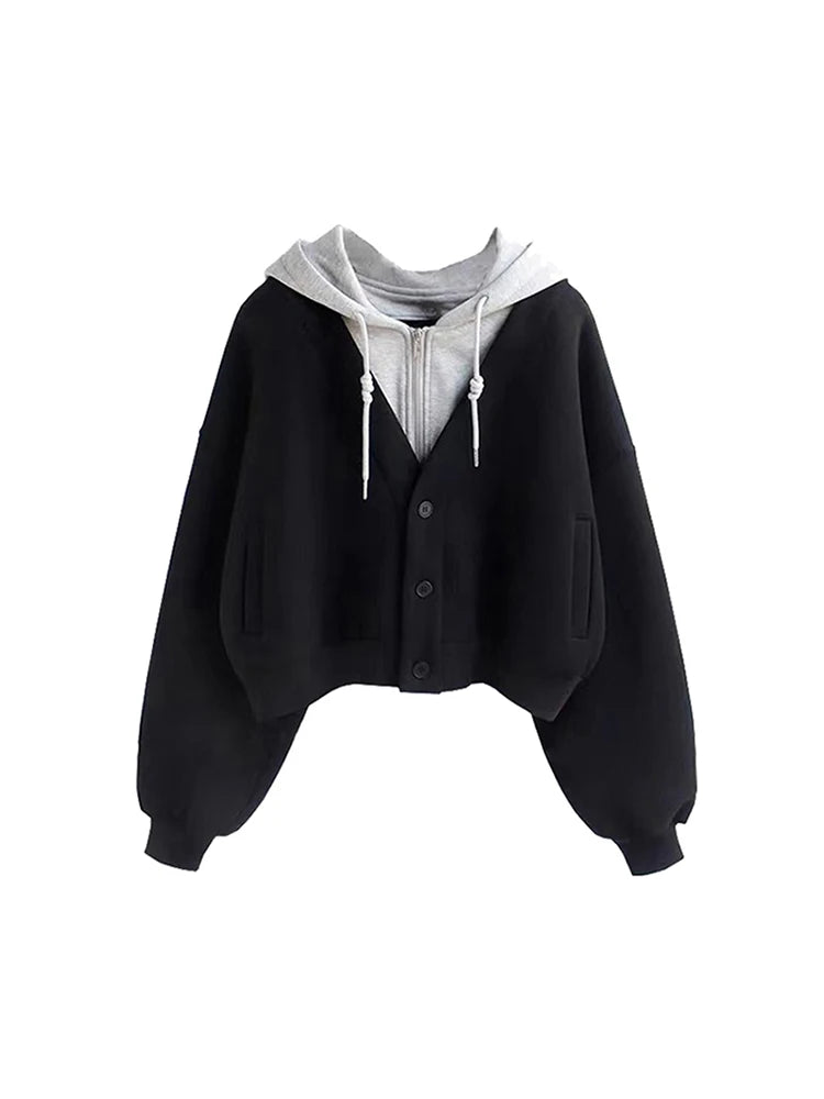 Women's Black Gothic Patchwork Sweatshirt Vintage 90s Aesthetic 2000s Harajuku Korean Y2k Hoodies Top Trashy Clothes Autumn 2024