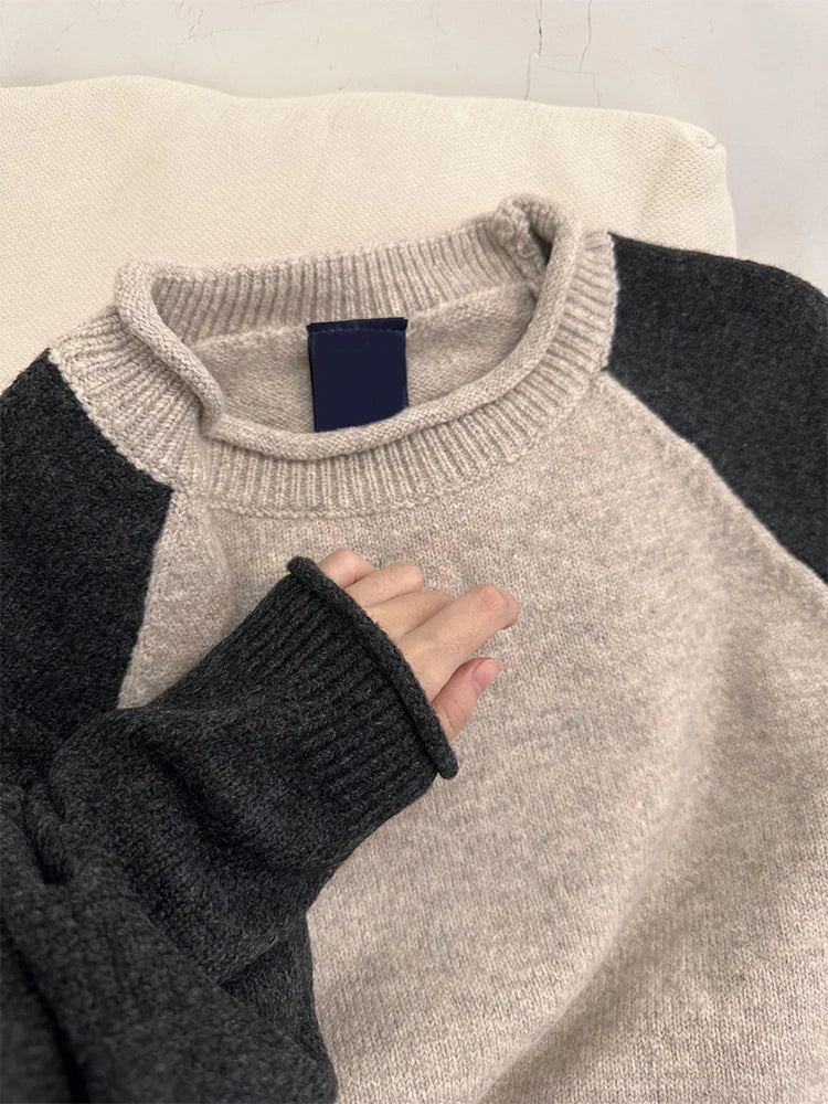 Women's Patchwork Pullover Sweater Harajuku Long Sleeves Two-tone Sweaters Jumper Vintage Y2k 2000s Clothes Fashion Winter 2024