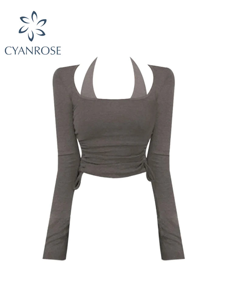 Y2k Sexy Vintage T Shirt Spring Clothes For Women Fashion Crop Top Long Sleeve Skinny Slim Basic Fake Two Pieces Tee Streetwear