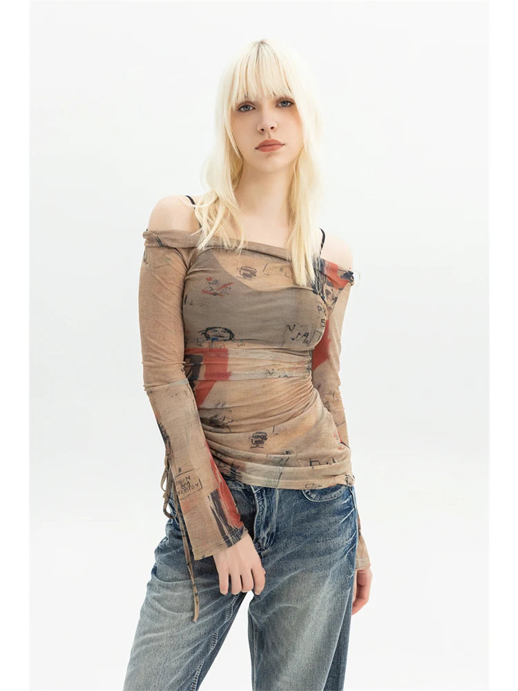 Women's Graphic Print T-Shirt Girl Harajuku Long Sleeve T-Shirt Streewear Vintage 90s Aesthetic Female Y2k Top Tee Clothes 2023