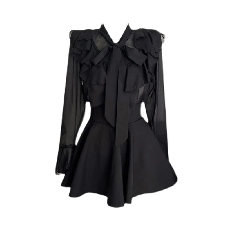 Women Korean Style Dress Vintage Fashion Elegant Chic Black Gothic Long Sleeve Loose Kawaii A-line Shirt Dresses For Women 2025