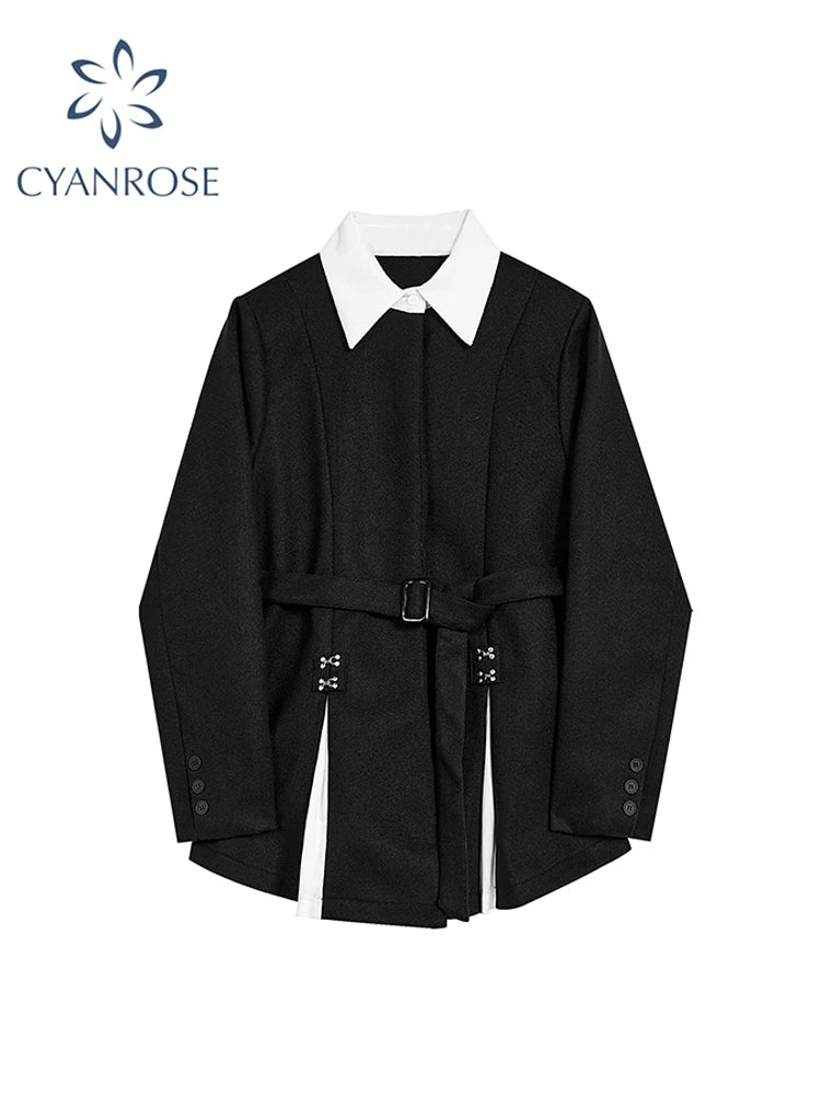 Women Black Gothic Blazer Elegant Vintage 90s Fashion Coat with Belt Y2k Suit Jacket Harajuku Long Sleeve Outwear 2000s Clothes