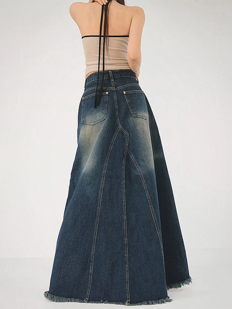 Women's Blue A-line Denim Skirt Y2k Long Jean Skirts Harajuku Vintage Elegant Korean Aesthetic Cowboy Skirt 2000s Clothes 2024