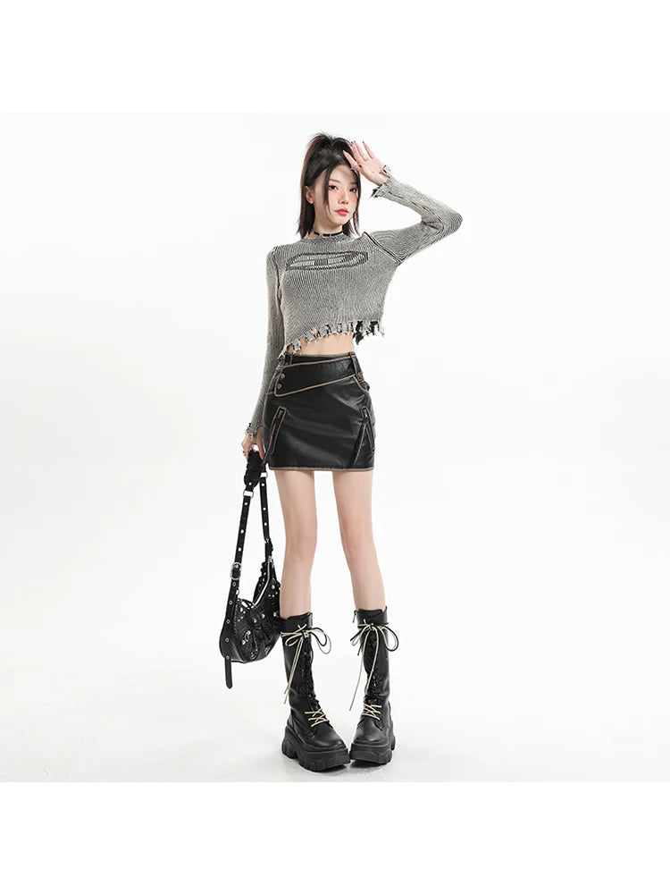 Women Black Gothic A-line Leather Skirt Vintage Y2k Skirt Harajuku Korean Fashion Mini Skirt 2000s Aesthetic Trashy Clothes 2024