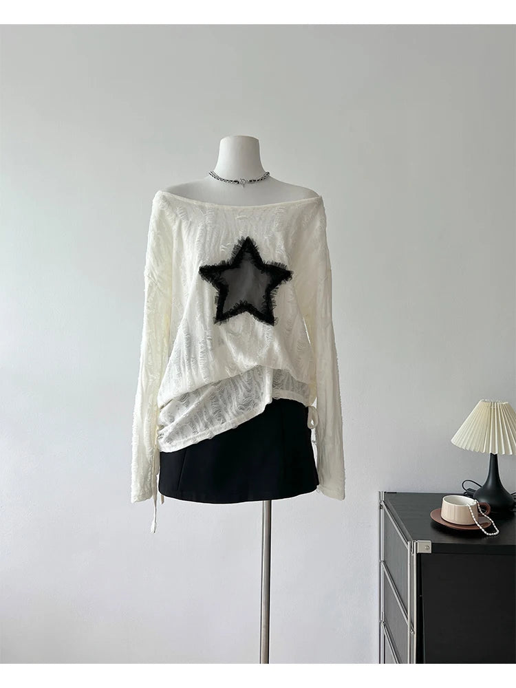 Women Grey Star T-Shirt Korean Y2k Torn T-Shirt 90s Fashion Vintage Tee Top Long Sleeve Emo 2000s Aesthetic T Shirts 2023 Autumn