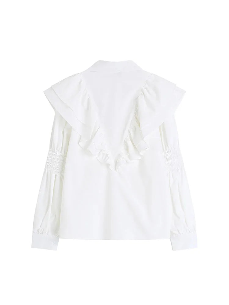 Women's 2025 Autumn Vintage Blouse - Tiered Ruffles & Heart Bubble Sleeve with Auricular Edge White Romantic Top
