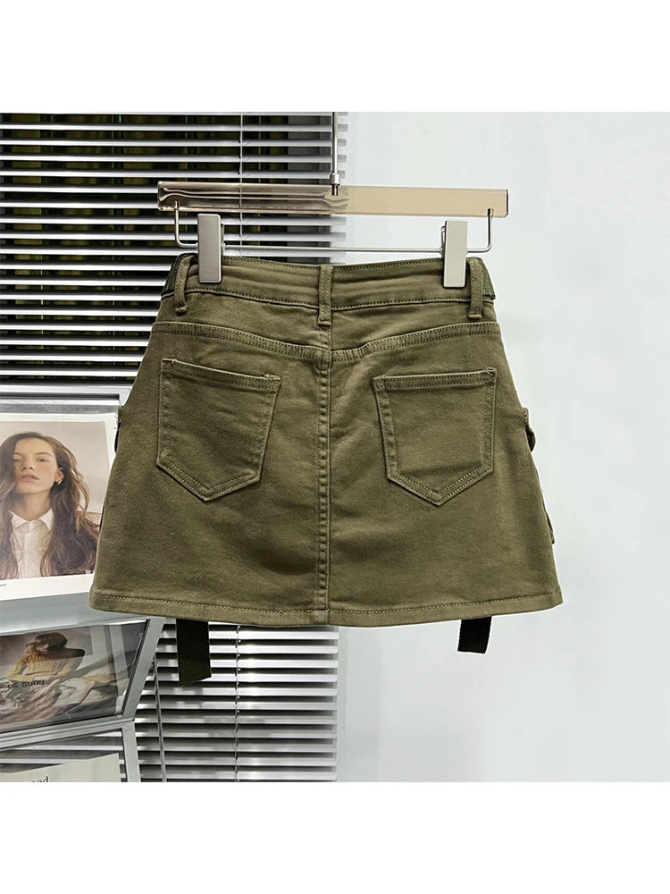 Women Denim Cargo A-line Skirt Vintage Y2k Khaki Skirt Harajuku Korean Streetwear Fashion A-line Skirts Emo 2000s Trashy Clothes
