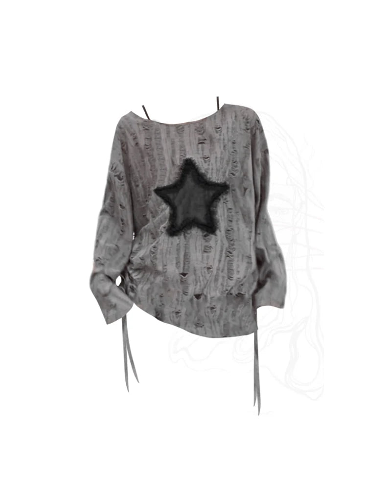 Women Grey Star T-Shirt Korean Y2k Torn T-Shirt 90s Fashion Vintage Tee Top Long Sleeve Emo 2000s Aesthetic T Shirts 2023 Autumn
