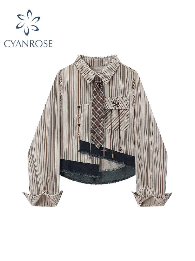 Women's Striped Shirts Blouses Y2k Aesthetic Streetwear Vintage Korean 2000s Elegant Long Sleeve Polo-Neck Shirt Clothes Summer