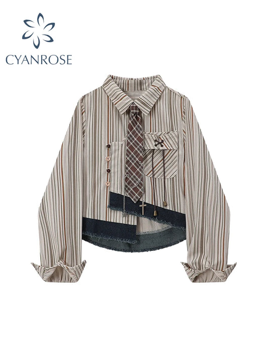 Women's Striped Shirts Blouses Y2k Aesthetic Streetwear Vintage Korean 2000s Elegant Long Sleeve Polo-Neck Shirt Clothes Summer